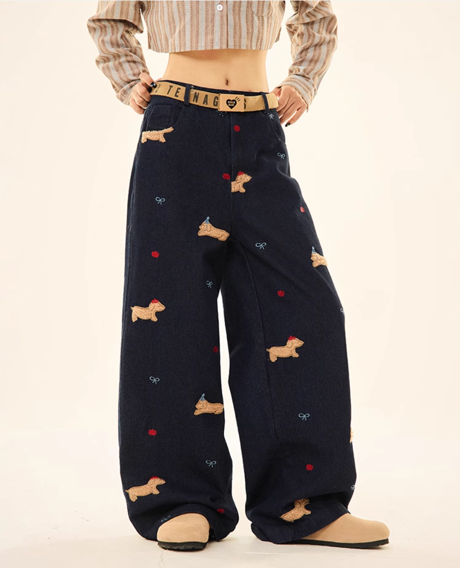 MAIKAO American retro puppy patch embroidered wide-leg jeans for women loose casual drooping floor pants