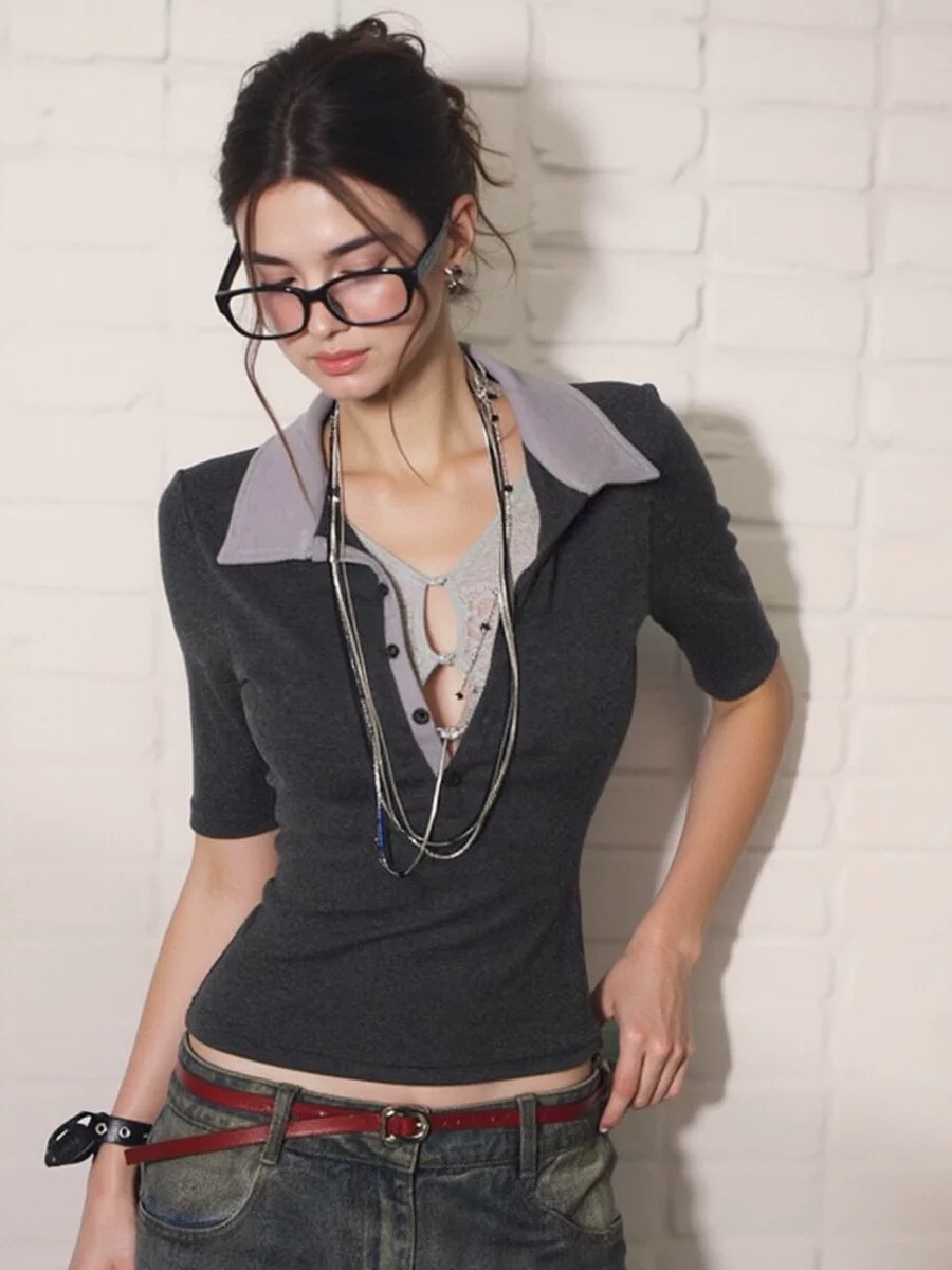 American fake two-piece lace color-blocking slim polo collar mid-sleeved top summer sensation hot girl short-sleeved T-shirt for women