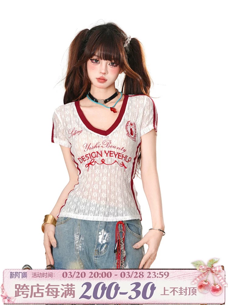kellykitty beautiful and spicy senior sister American V-neck micro-transparent lace embroidered T-shirt for women in summer short-sleeved slim top