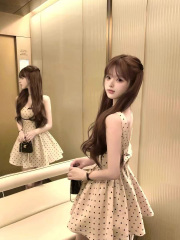 生日小禮裙高級感法式富家千金禮服背心裙收腰波點吊帶連衣裙女夏