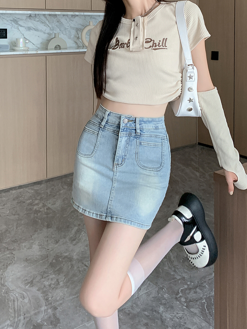 Hot girl half-body denim skirt for women in summer retro high waist slim A-line anti-exposure hip-cover skirt