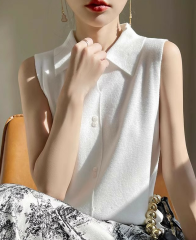 精紡純羊毛背心女襯衫領無袖Polo翻領坎肩內搭疊穿羊絨針織打底
