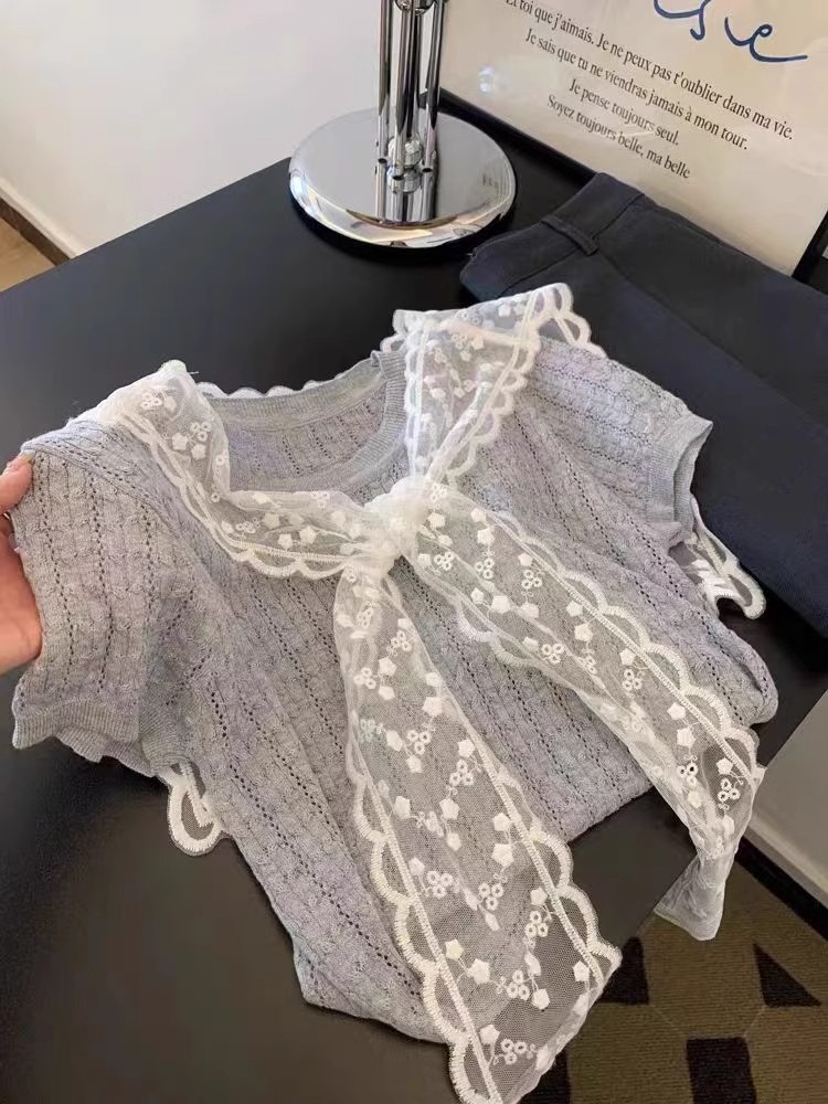 Lace shawl knitted short-sleeved women's summer new design Korean pullover casual versatile slim round neck top