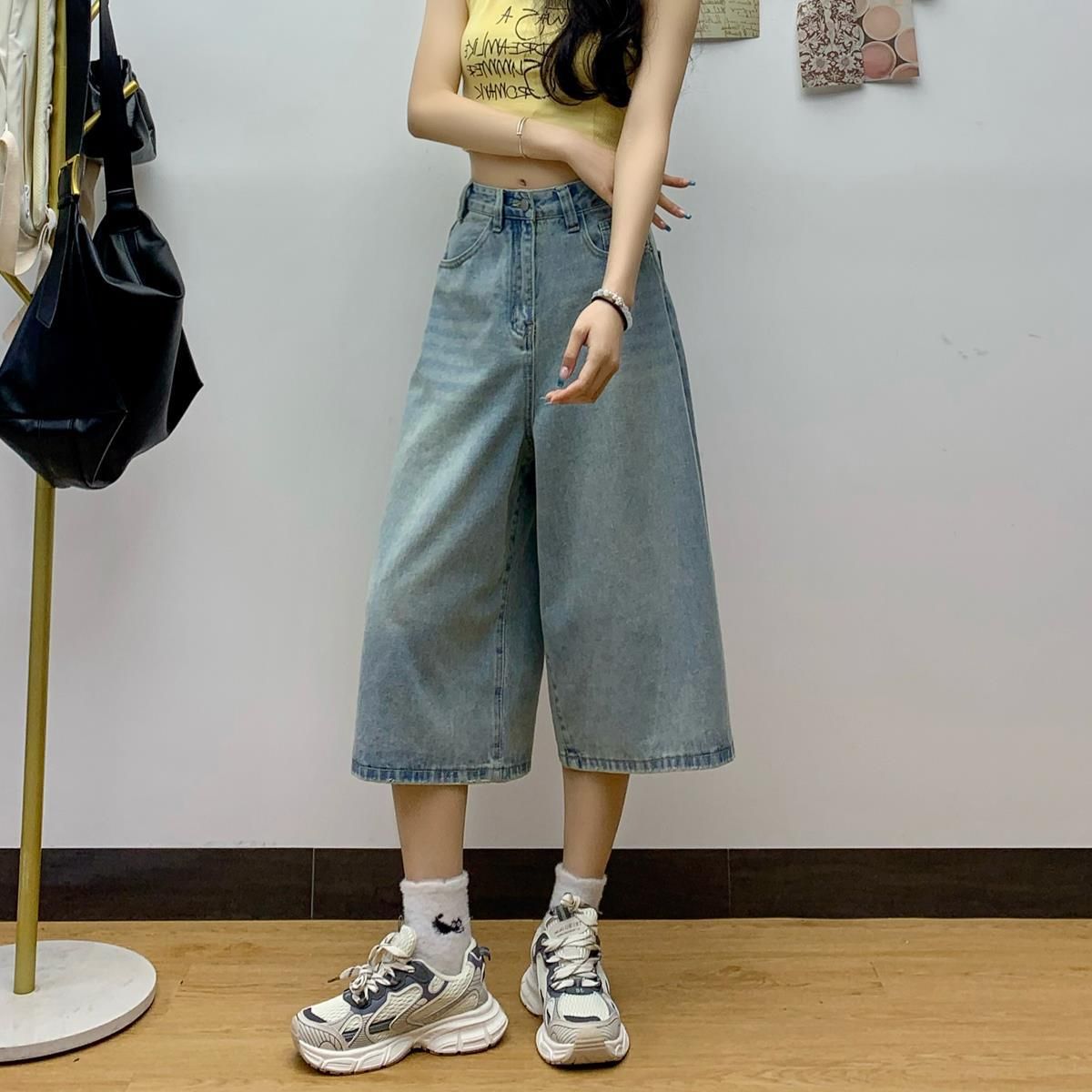 美式高街直筒七分牛仔褲女2025夏季新款小眾設計感寬鬆闊腿褲子