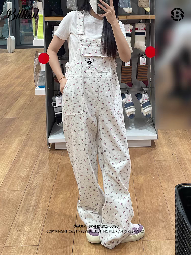 BILLBUT Japanese cute pure white overalls for women 2025 autumn one-piece loose jeans trousers trendy