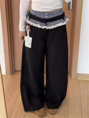 Lazy and relaxed design sense double waist spliced ​​lace lace casual pants for women super popular wide-leg trousers