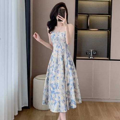 Real shot French blue oil painting long skirt seaside vacation beach skirt floral suspender dress women summer high-end feeling