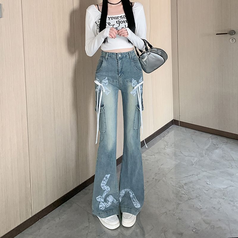Real shot ~ American retro lace bow jeans with a slim and flared jeans for women's high street design slim flared pants
