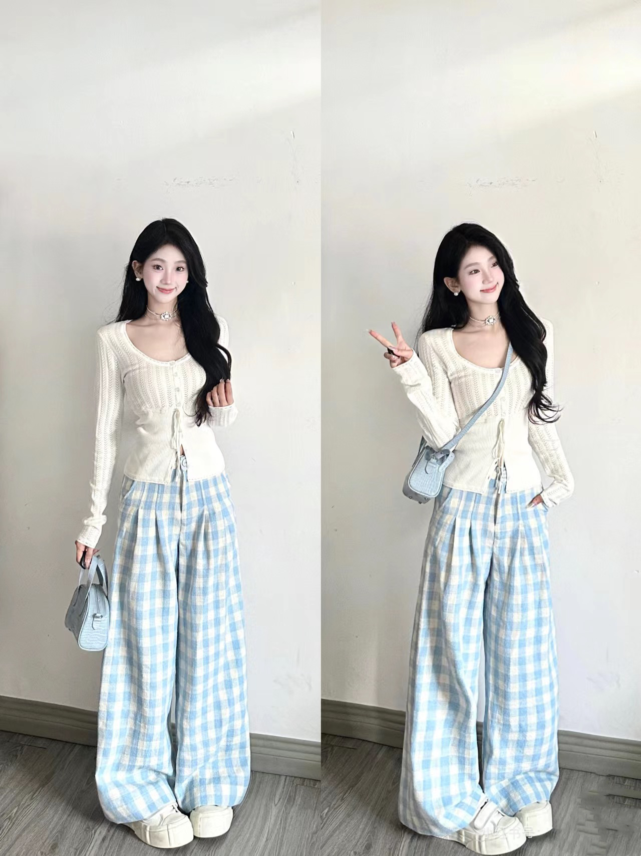New sky blue high waist plaid casual pants for women 2025 spring drooping loose lazy wide-leg floor trousers