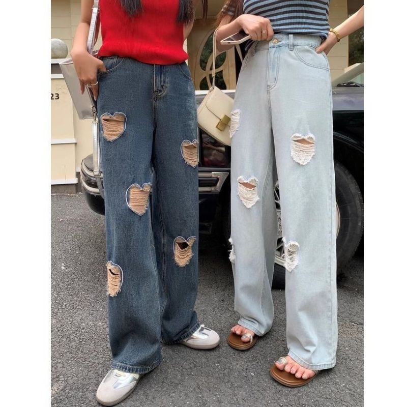 2025新款寬鬆後鬆緊腰丐版直筒褲子復古破洞闊腿牛仔褲女夏季薄款
