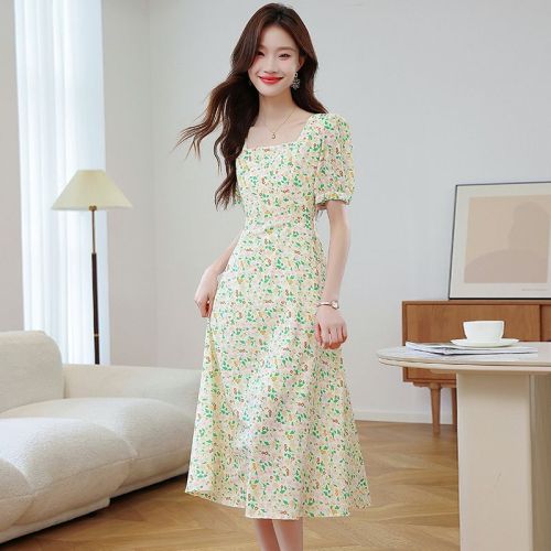 Real shot French retro floral dress for women new summer Korean version small waist-hugging chiffon skirt