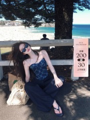 Chen Jianan 3/8spicy hot girl private server heavy industry plaid denim with waist pinched slant fish bones and breast