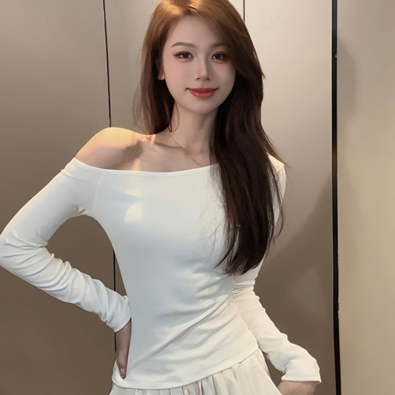 Official picture 1*1 pure cotton thread long-sleeved T-shirt for women in spring and autumn one-length neck slanted shoulder inner bottom shirt top