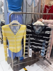 KIYOMI real-life shoot spring and summer pure and sweet hot girls contrasting striped knitted cardigan lace backless and slim waist-hugging