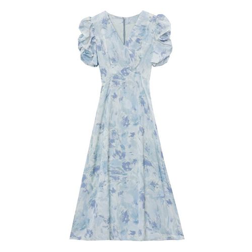 Real photo of white jacquard puff sleeves A-line dress under the moon new V-neck long skirt in summer