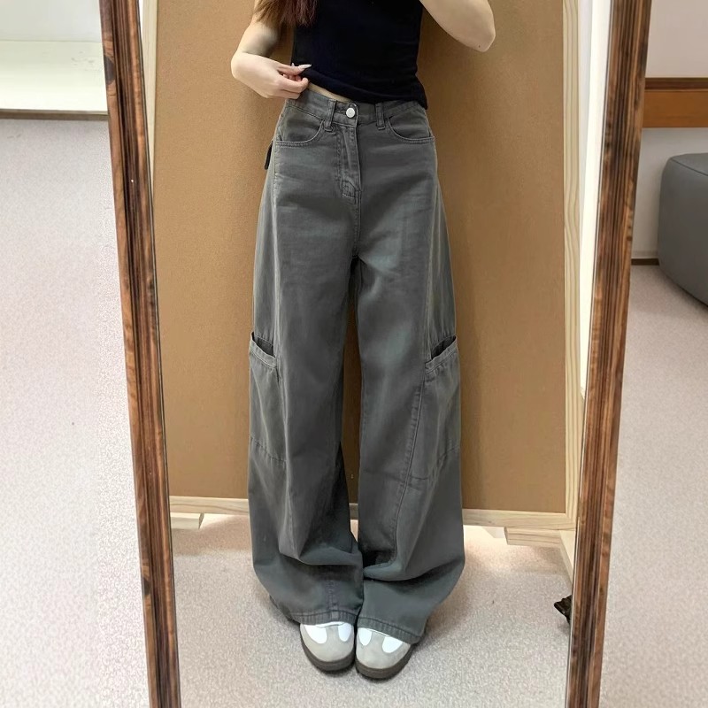 Gray denim work pants for women 2025 autumn new American retro high waist loose straight slimming wide-leg pants