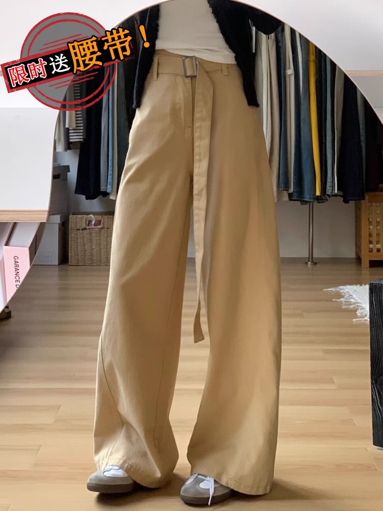 街頭休閒直筒褲女2025春季新款高腰顯瘦寬鬆垂感卡其色闊腿牛仔褲