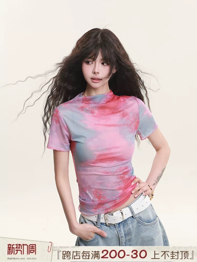 Rabbit One Ba tie-dye design short short-sleeved T-shirt for women in summer Korean style slim-fitting base shirt top