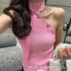 夏季新款性感飄帶掛脖無袖吊帶背心女辣妹無袖外穿高級感抹胸上衣