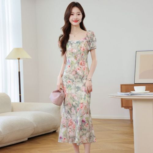 Real shot 2025 summer new oil painting floral dress French square collar fishtail long skirt women M