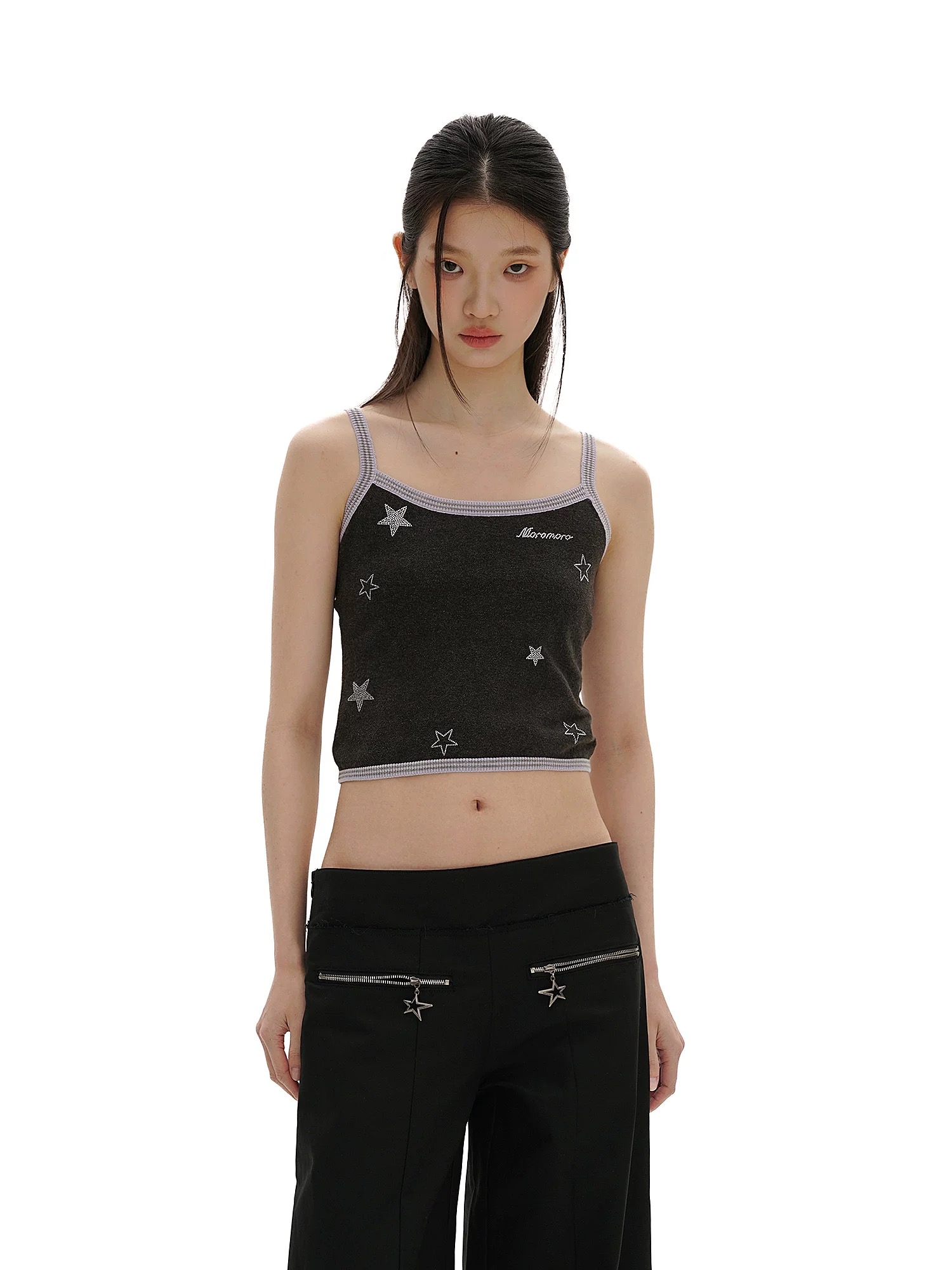 Moromoro Star Iron Diamond Colored Stripe Rib Series Sling Vest One-Shoulder Short Sleeve Long Sleeve Top for Women