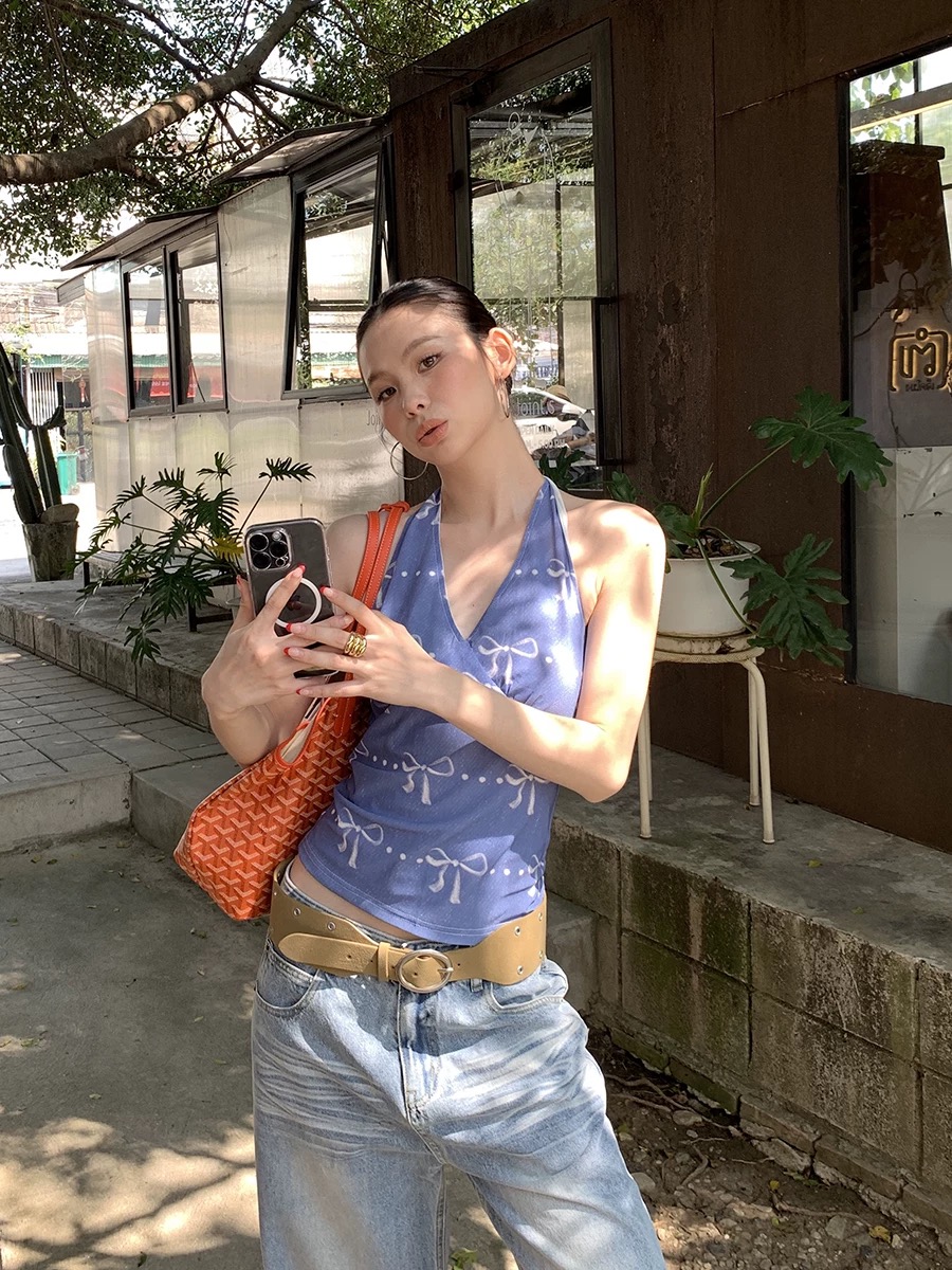 Label square suspender vest for women in summer new blue bow printed design slim neck halter