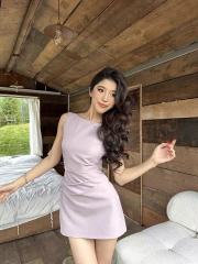 羅哥的羊毛卷 夏季設計感一字領收腰連衣裙女短款辣妹氣質短裙