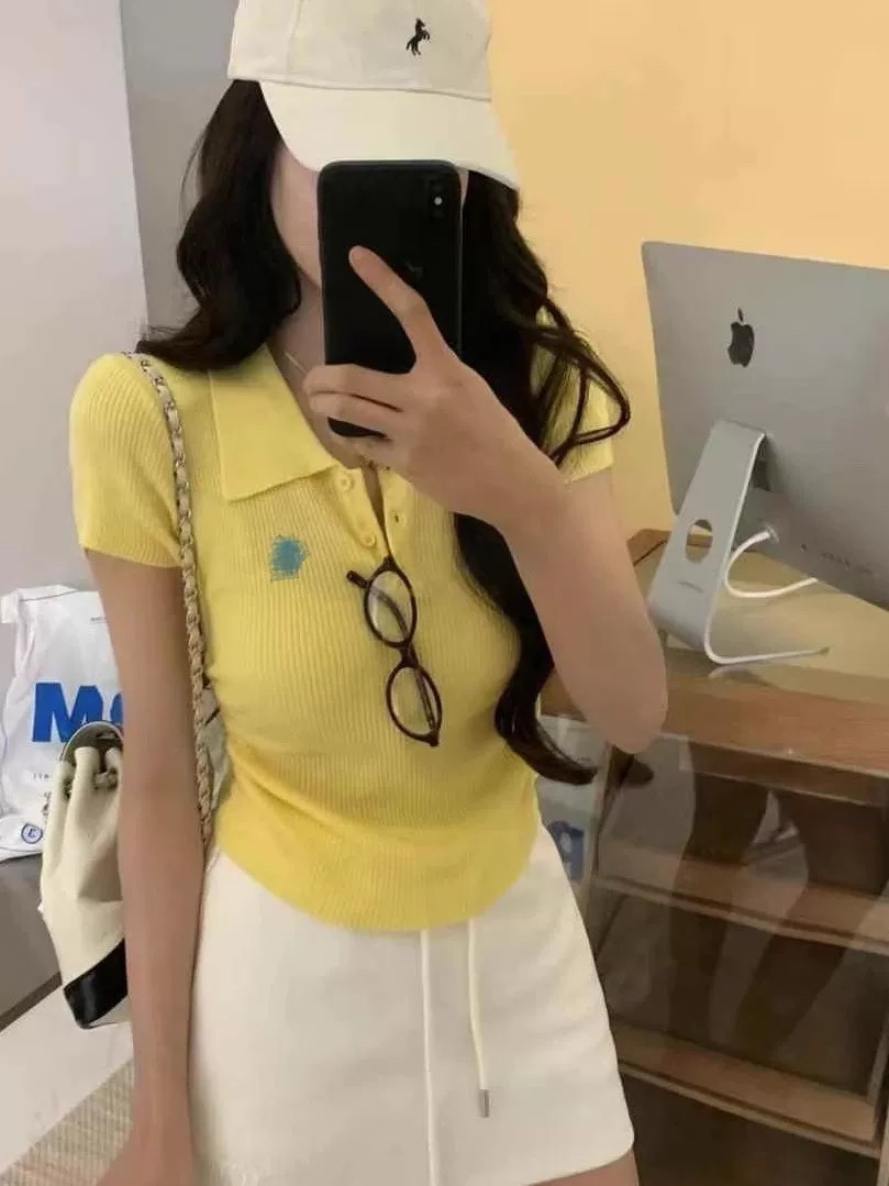 Pure and sweet rich woman Korean version of Raff embroidered pony Polo neck short-sleeved sweater waist pleated slim top