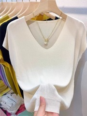 夏季新款V領曲珠針織t恤女打底衫插肩短袖薄款百搭半袖上衣