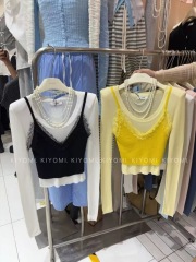 KIYOMI Spring New Temperament Contrast Color Splicing Fake Two-Piece Sweater for Women Slim and Slim and Versatile Base Top