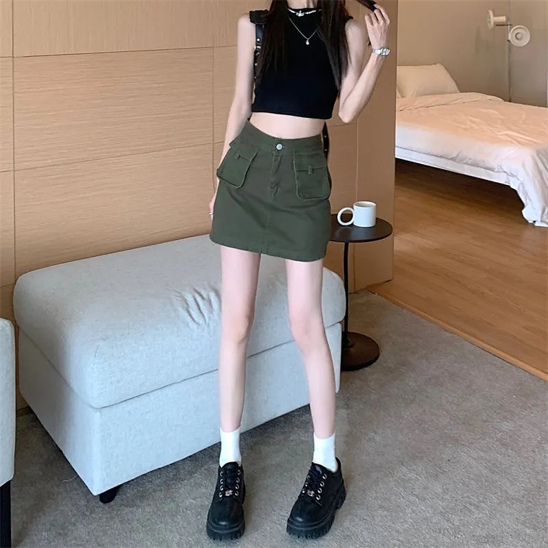 Retro military green work suit denim skirt for women in summer high waist slim hot girl anti-exposure short skirt A-line skirt