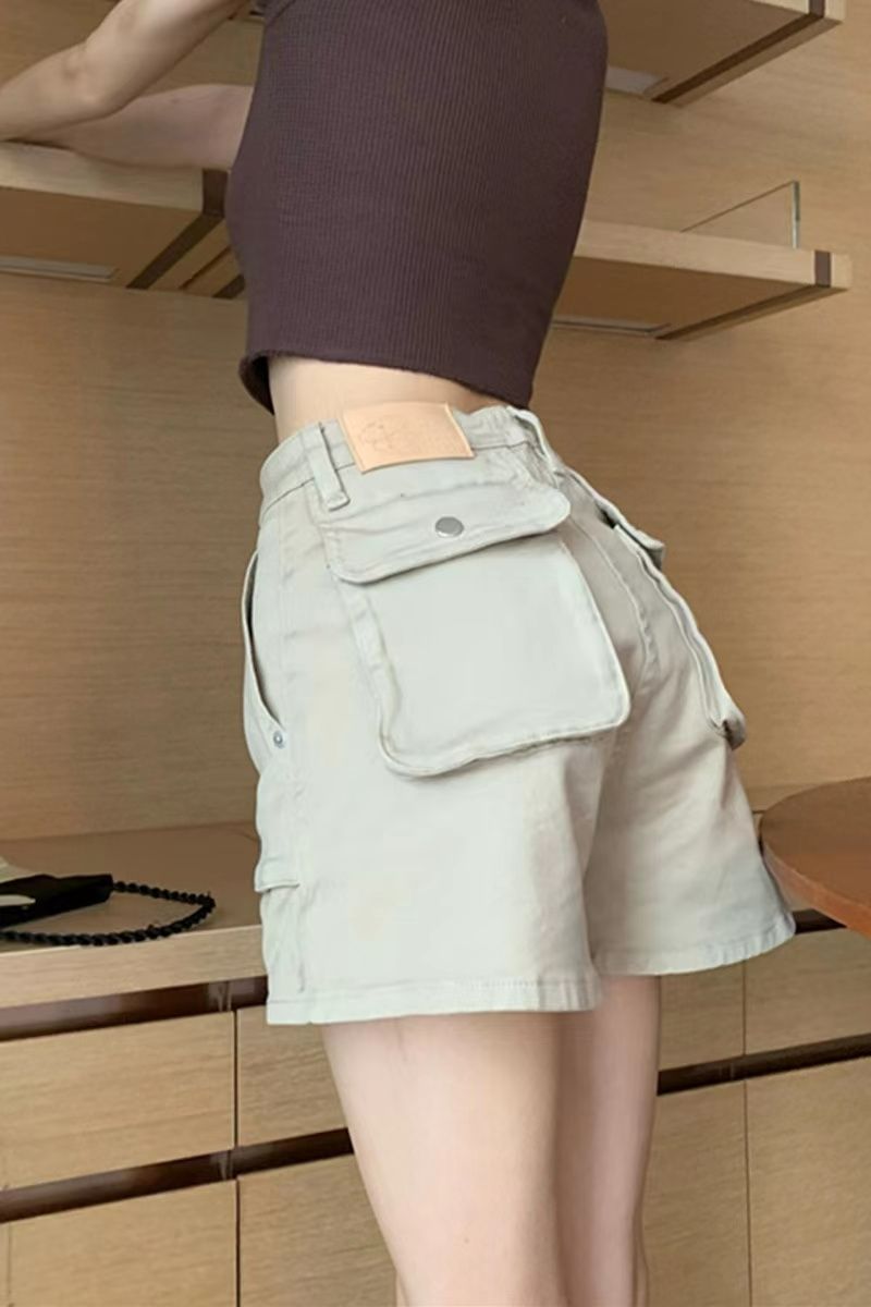 Non-real photo retro street-fried straight high waist loose wide legs slim workwear denim shorts casual