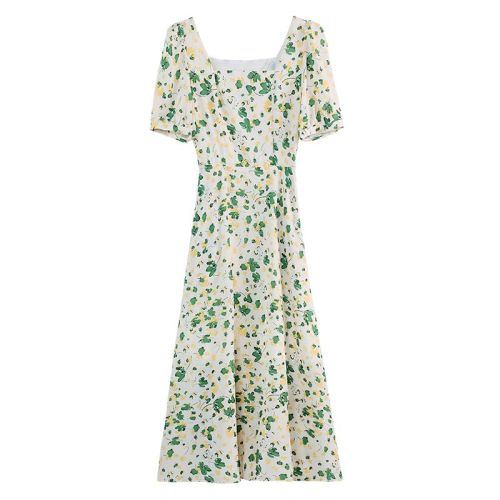 Real photo of green floral dress for women in summer new small person looking slim and square collar A-line chiffon fairy skirt