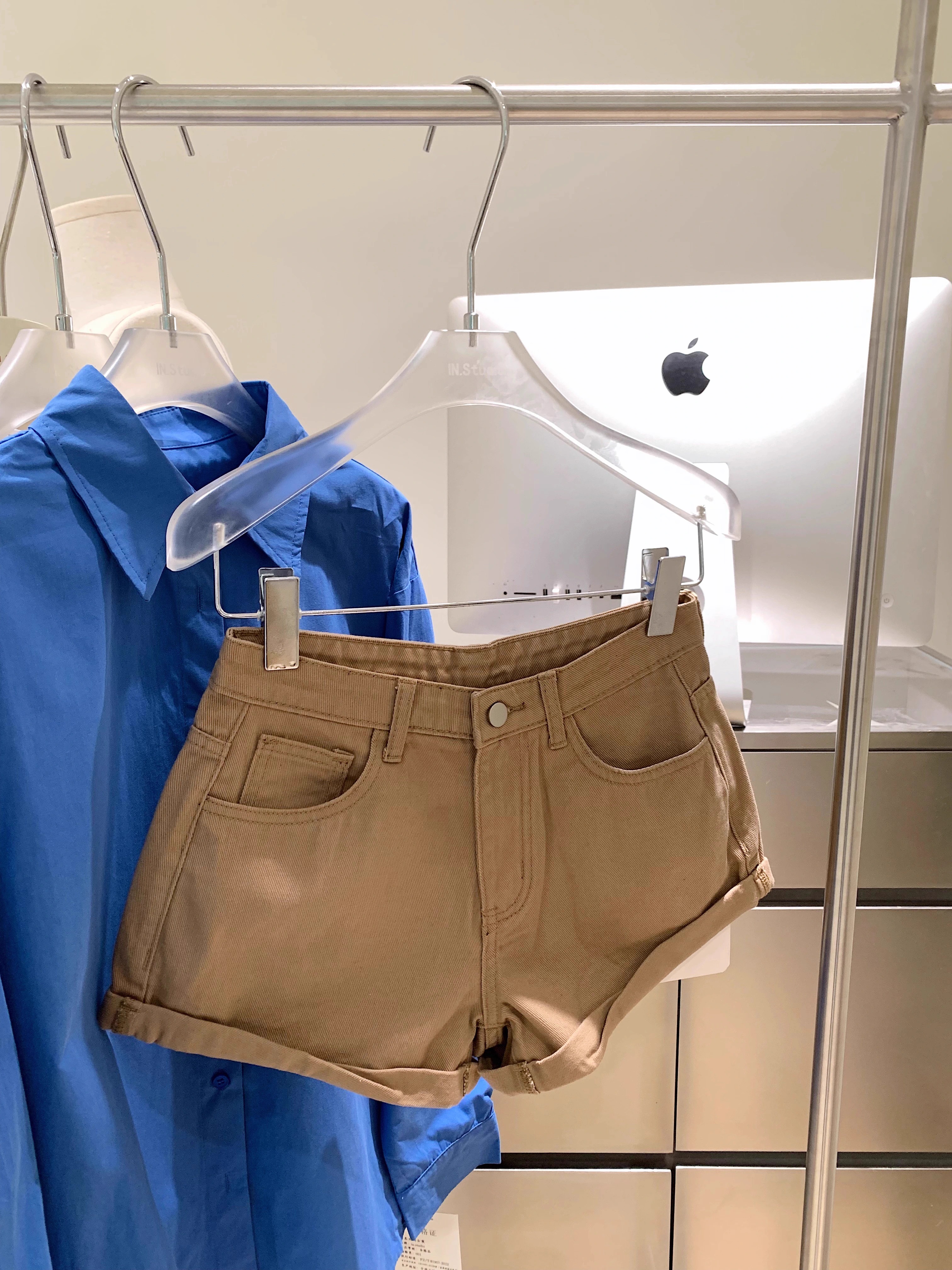 Khaki casual denim shorts for women 2025 summer retro high waist slimming versatile a-line pants wide-leg pants