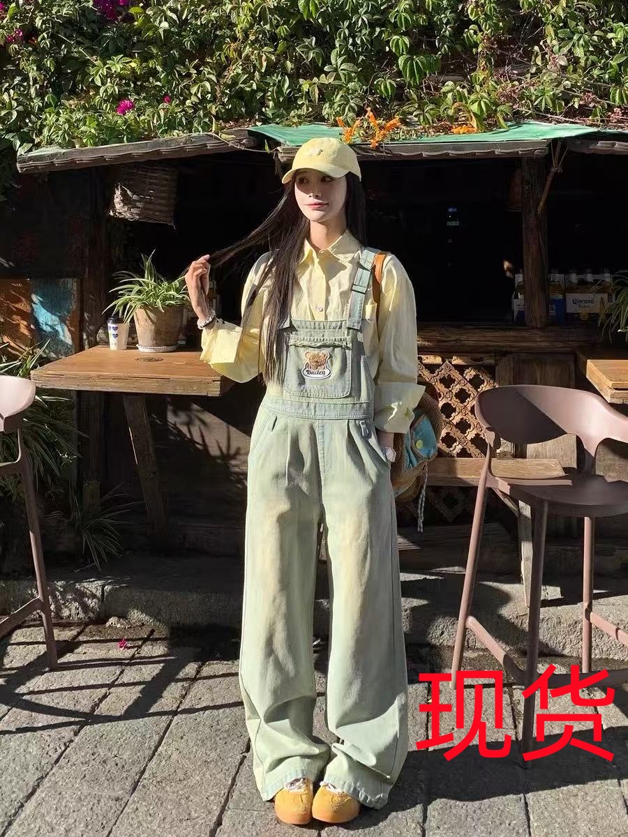 3MER Oh, the three girls retro washing denim overalls for women 2025 spring new casual ones wide-leg pants