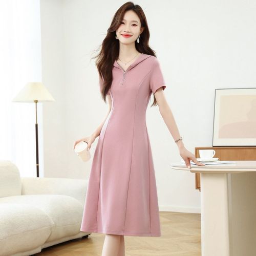 Real photo of casual slim hooded dress 2025 summer new style slim short-sleeved women's dress
