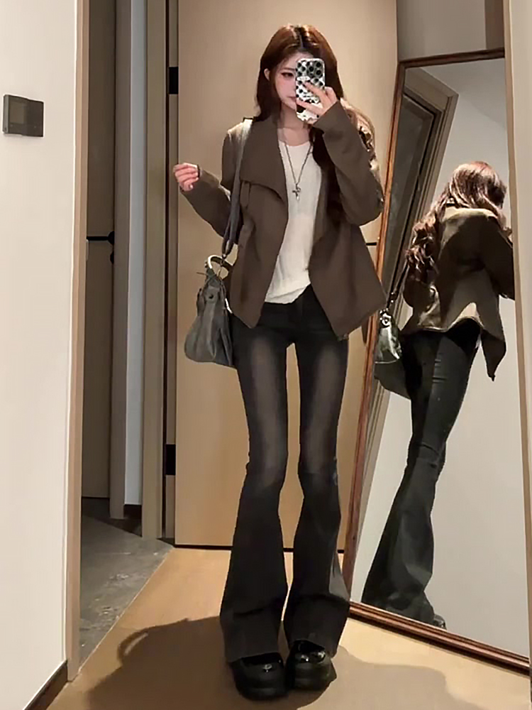 American retro hot girl black gray jeans for women in early autumn slimming versatile horseshoe trousers