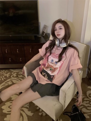 Douyin's popular shoulder-length loose 200g combed pure cotton back edge short-sleeved T-shirt printed