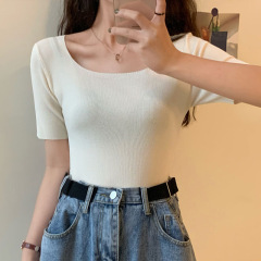 上衣方領短袖冰絲T恤女2025夏季新款簡約純色洋氣修身顯瘦針織衫