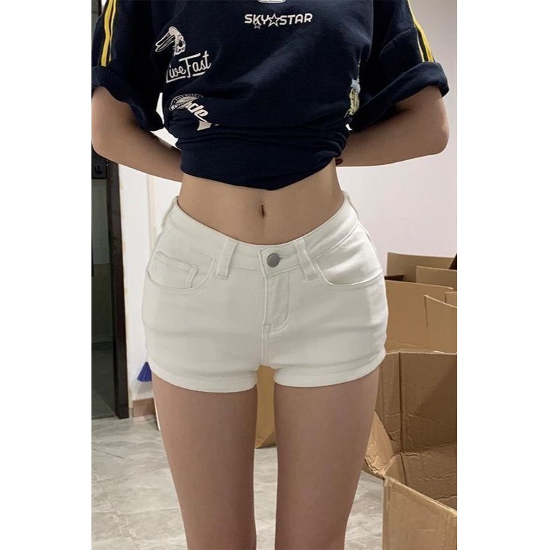 Korean pure white plump shorts jeans women's tight stretch hip-pack hot pants summer