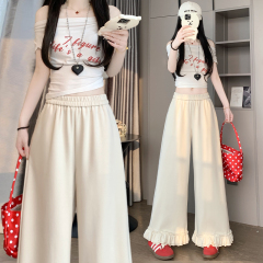 Real shot Korean wide-leg pants with black ears, new loose and versatile elastic waist, high waist slim casual pants
