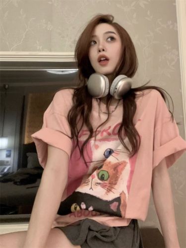 Douyin's popular shoulder-length loose 200g combed pure cotton back edge short-sleeved T-shirt printed