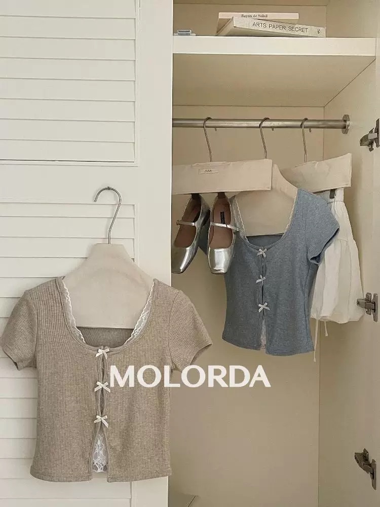 MOLORDA lace splicing fake two-piece short-sleeved T-shirt for women 2025 new pure slim short top
