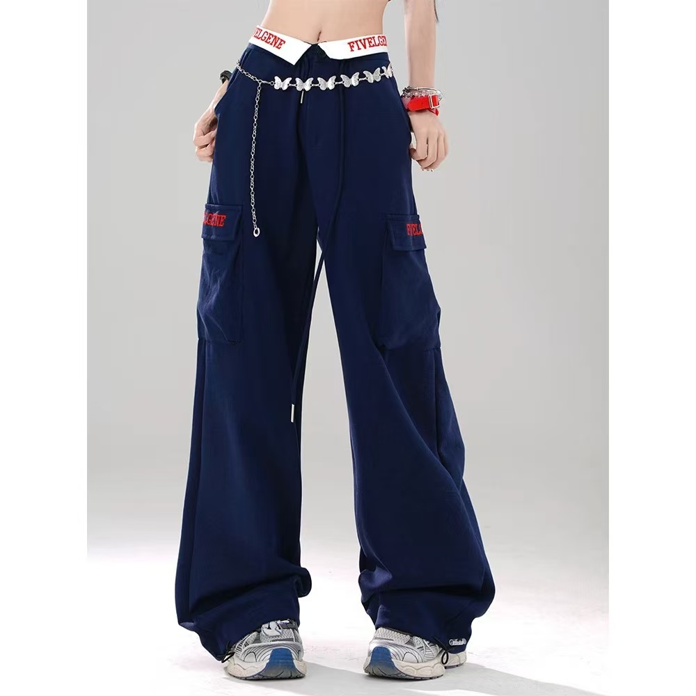 American retro flip Klein blue work casual pants for women in autumn and winter new high-waist loose wide-leg floor trousers