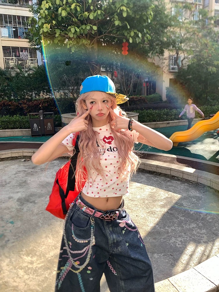 NECOYEP2025 Spring American Retro Love Dog Paw Full Print Short T-shirt Female Hot Girl Slim Slim Top