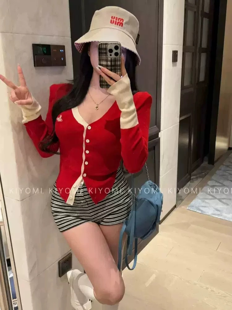 KIYOMI Spring New Korean Style Temperament Pure and Desire Hot Girl Slim and Slim Contrasting Two-Piece Knitted Cardigan Women