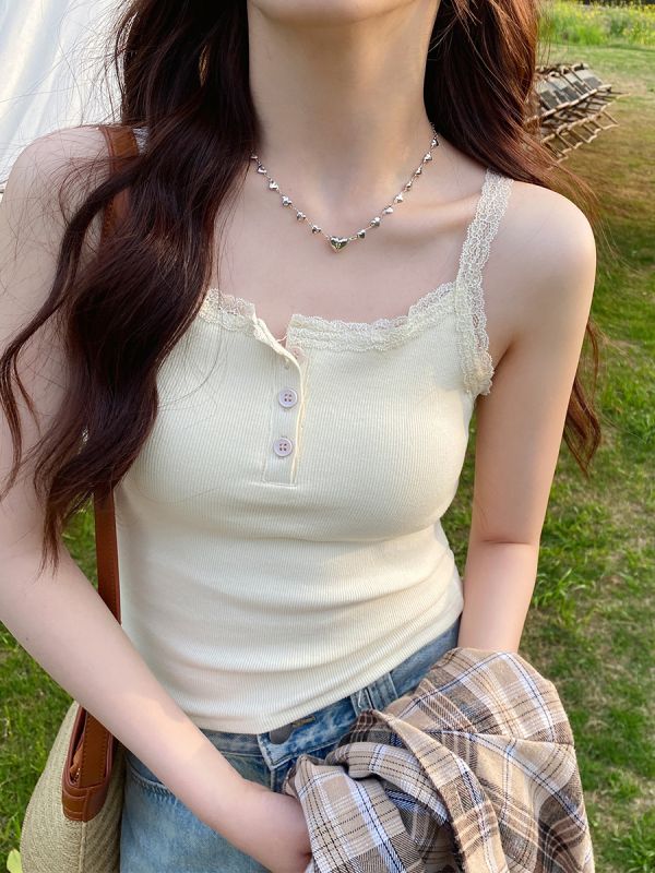 Official picture lace sling vest for women in summer Korean style slim fit inside and outside wearing short sleeveless T-shirt top