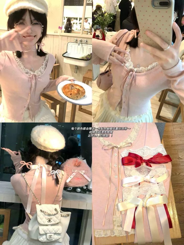 Miu lace splicing fake two-piece gray base shirt for women early spring pure desire T-shirt slim u-neck short top