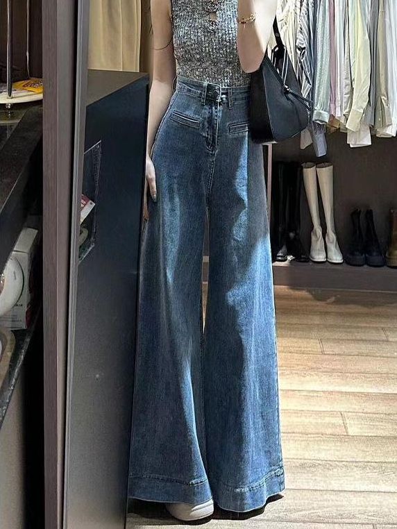 Temperament hot girl lazy wide-leg jeans for women loose and slim small person with high street droop ins versatile floor pants