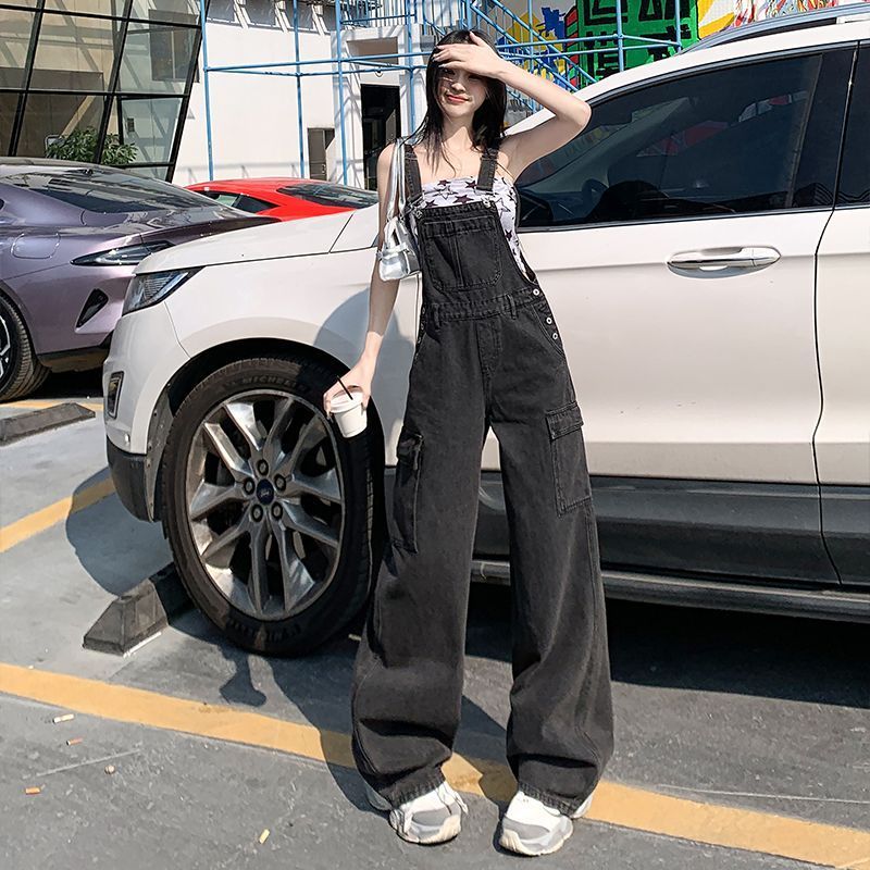 Black and gray work clothes denim overalls for women in spring and autumn 2025 new age-reducing American loose wide-leg pants